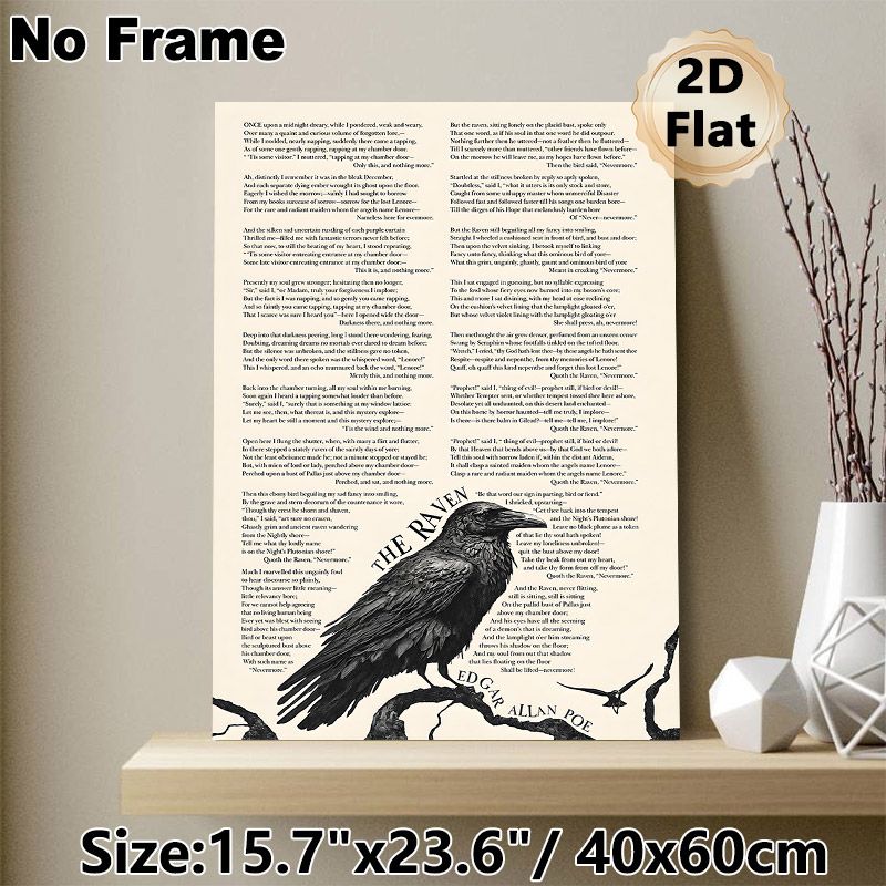 The Raven By Edgar Allan Poe Painting Poster, Vintage Monochrome Raven & Full Poem Text Poster, Classic Gothic Literary Decor For Home Study, Living_maomaolike.com