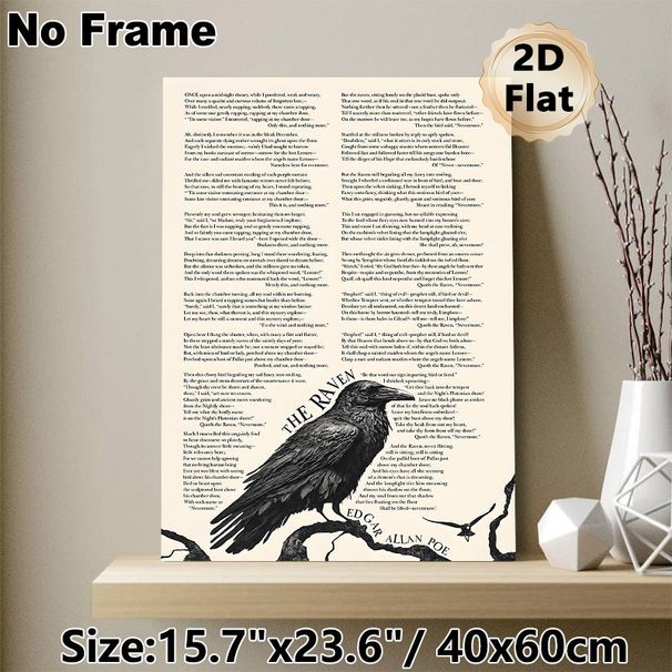 The Raven By Edgar Allan Poe Painting Poster, Vintage Monochrome Raven & Full Poem Text Poster, Classic Gothic Literary Decor For Home Study, Living_maomaolike.com