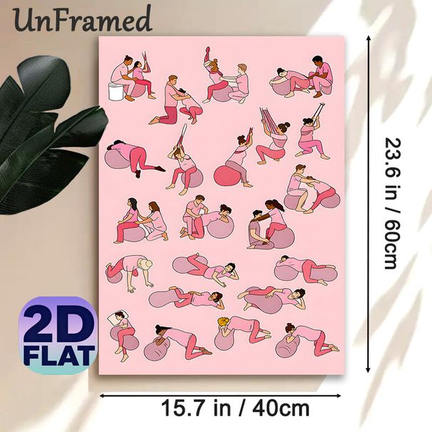 Prenatal Labor & Birthing Exercises Painting Poster, Soft Pink Cartoon-style Poster, Features Guided Birthing Poses With Partner Support, Ideal For_maomaolike.com