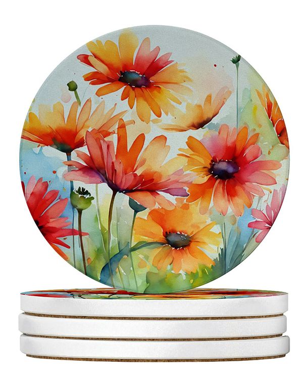 Gerbera Daisies In Watercolor Large Sandstone Coasters Pack Of 4 Absorbent Round Coasters Decor Gifts For Men Or Women, 4 In, Multicolor_maomaolike.com