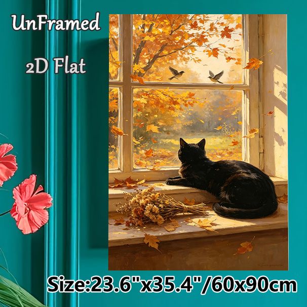 Autumn Window Cat Painting Poster, Warm-toned Idyllic Scene Poster, Cozy Tranquil Autumn View With Black Cat, Falling Leaves And Birds, Ideal For_maomaolike.com