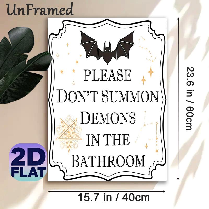 Occult Humor Painting Poster, Whimsical Gothic Bat & Text Poster, Playful "Please Don't Summon Demons In The Bathroom" Design, Ideal For Bathroom Wall_maomaolike.com