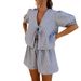 Women's Plaid Striped Elastic Cuffs Casual Fashion Tie Elastic Waist Shorts Set_maomaolike.com