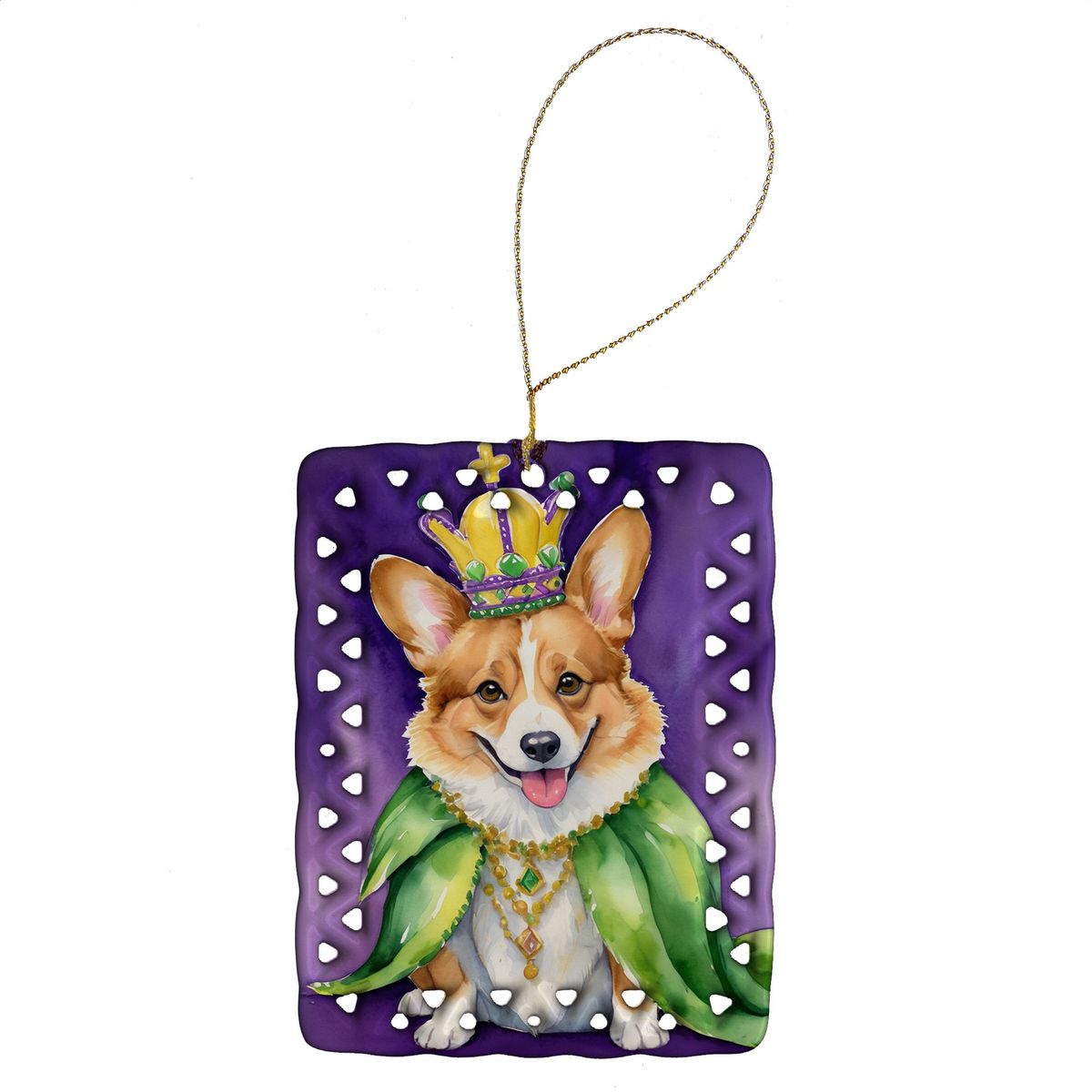 Corgi King Of Mardi Gras Porcelain Ornament Christmas Tree Hanging Decorations For Home Christmas Holiday, Rectangle, Gift, Multicolor_maomaolike.com