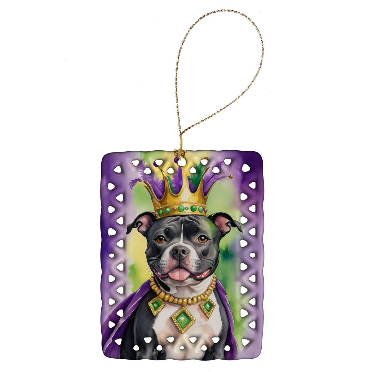 Staffordshire Bull Terrier King Of Mardi Gras Porcelain Ornament Christmas Tree Hanging Decorations For Home Christmas Holiday, Rectangle, Gift, Multicolor_maomaolike.com