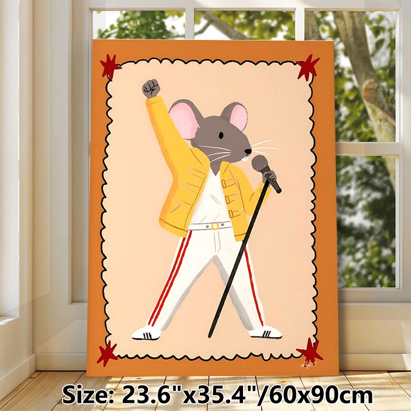 Singing Mouse Painting Poster, Vibrant Cartoon Style Poster, Playful Rock-star Mouse Design With Raised Fist And Microphone, Charming Decor For Living_maomaolike.com