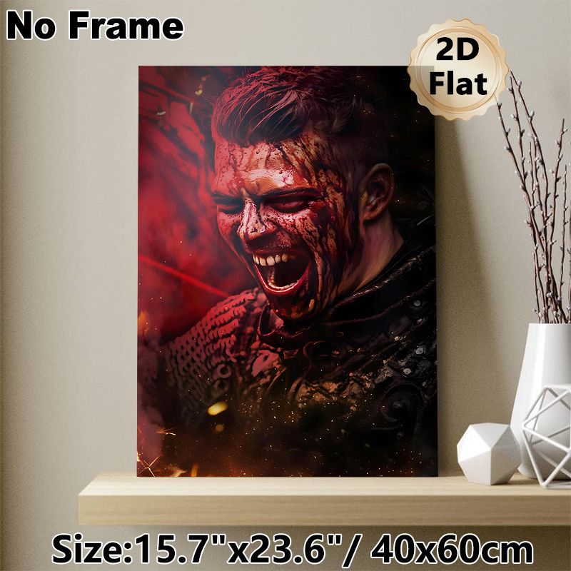 Frenzied Warrior Painting Poster, Dark Gory Dramatic Blood-Splattered Screaming Warrior In Fiery Red Haze Poster, Striking Intense Visual Ideal For_maomaolike.com