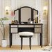 43" Dressing Table Set With Mirrored Drawers And Stool, Tri-fold Mirror, Makeup Vanity Set For Bedroom, Black_maomaolike.com
