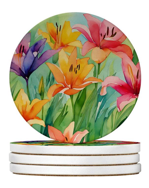 Lilies In Watercolor Large Sandstone Coasters Pack Of 4 Absorbent Round Coasters Decor Gifts For Men Or Women, 4 In, Multicolor_maomaolike.com