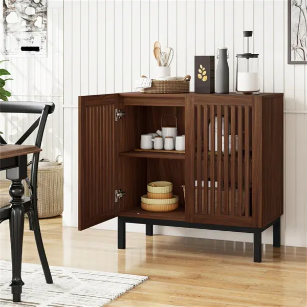 32" Buffet Sideboard Cabinet With 2 Doors, Farmhouse Storage Cabinet (Walnut + Black) With Adjustable Shelf_maomaolike.com