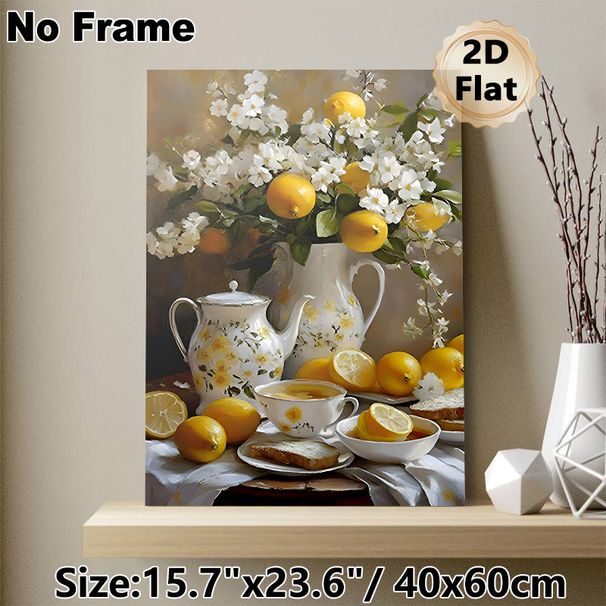 Lemon & Floral Still Life Painting Poster, Vibrant Realistic Teaware & Fresh Lemon Scene Poster, Warm Inviting Decor Ideal For Kitchen, Dining Room_maomaolike.com