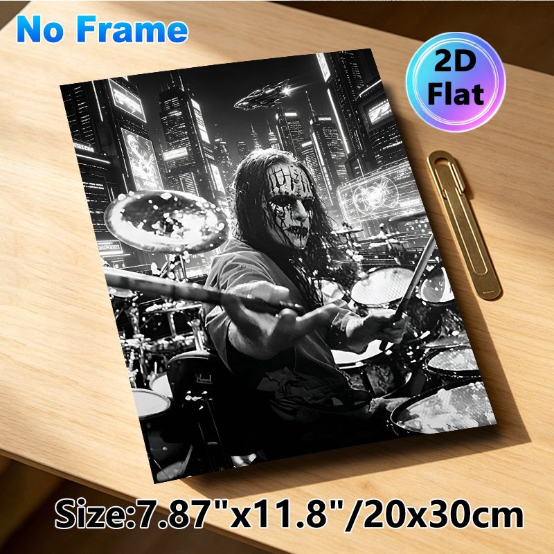 Cyberpunk Metal Drummer Painting Poster, Monochrome Cyberpunk City Scene Poster, Dynamic Music-themed Decor Suitable For Music Studios, Living Rooms_maomaolike.com