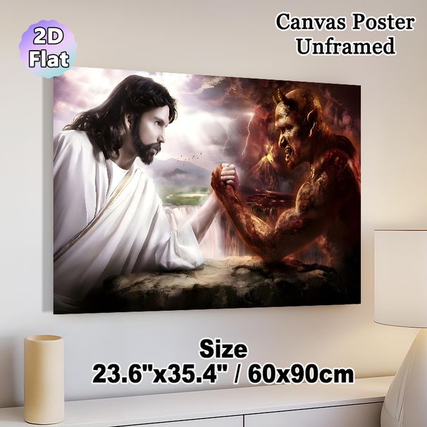 Good Vs Evil Arm-wrestling Painting Poster, Dramatic Mythical Confrontation Scene Poster, Striking Visual Contrast Ideal For Home Wall Decor_maomaolike.com