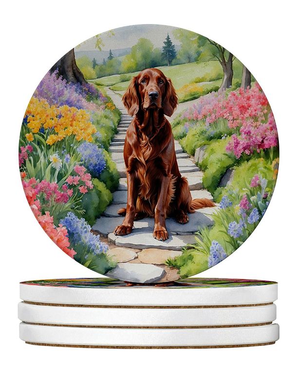 Irish Setter Spring Path Large Sandstone Coasters Pack Of 4 Absorbent Round Coasters Decor Gifts For Men Or Women, 4 In, Multicolor_maomaolike.com