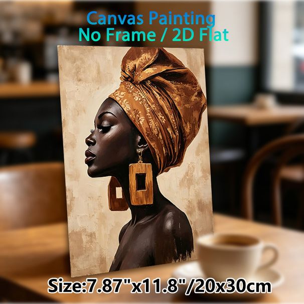 African Woman Painting Poster, Elegant Oil Painting Style Poster, Warm-toned Portrait Of A Woman With Ornate Headwrap And Bold Earrings, Adds Cultural_maomaolike.com