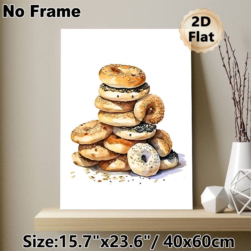 Bagel Themed Painting Poster, Warm-toned Watercolor Stacked Assorted Bagels Poster, Brings Cozy Culinary Vibe, Ideal For Kitchen And Dining Area_maomaolike.com