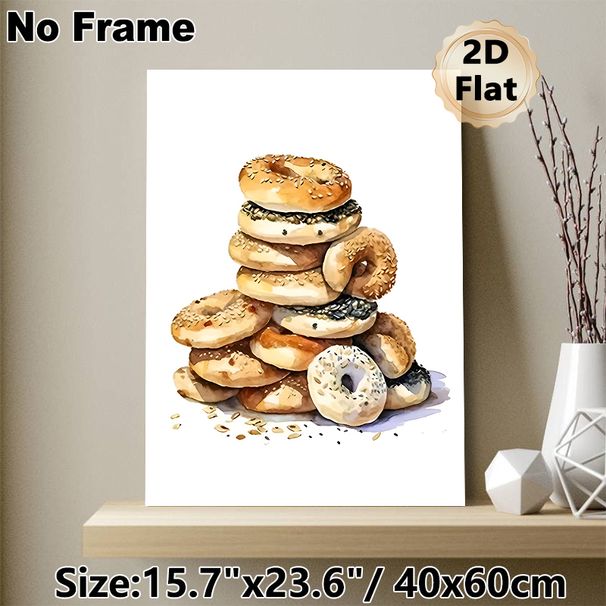 Bagel Themed Painting Poster, Warm-toned Watercolor Stacked Assorted Bagels Poster, Brings Cozy Culinary Vibe, Ideal For Kitchen And Dining Area_maomaolike.com