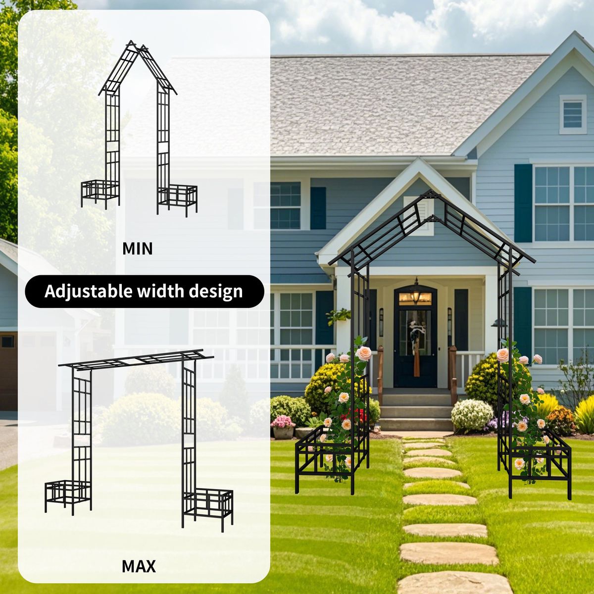 Metal Garden Arch With Adjustable Width W68.11''~W94.29'' Climbing Plants Support Rose Arch Outdoor Black_maomaolike.com