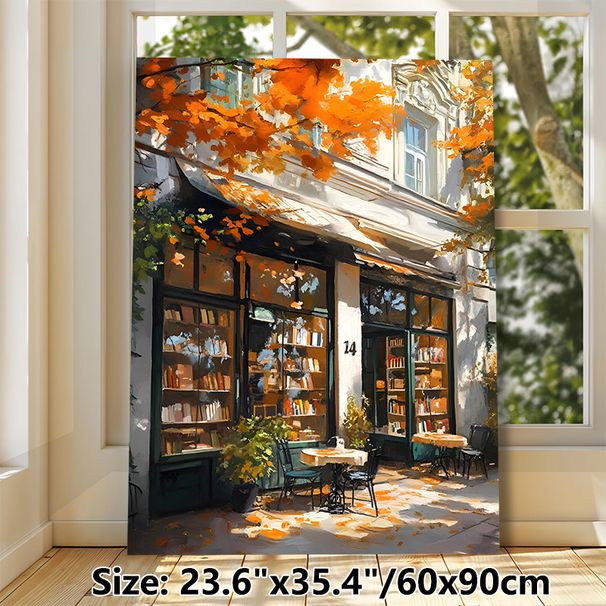 Autumn Bookstore Painting Poster, Warm-toned Impressionist-style Poster, Sunlit Street Bookstore With Orange Fall Foliage, Cozy Tranquil Decor Ideal_maomaolike.com