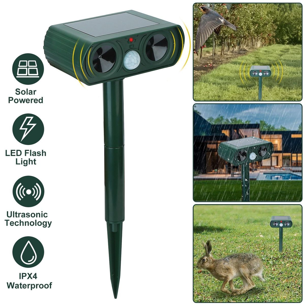 Ultrasonic Animal Repeller Solar Powered Motion Sensor Repellent IPX4 Waterproof Outdoor For Farm Garden Yard Repelling Deer Raccoon Cat Dog Rabbit Squirrel Bird_maomaolike.com