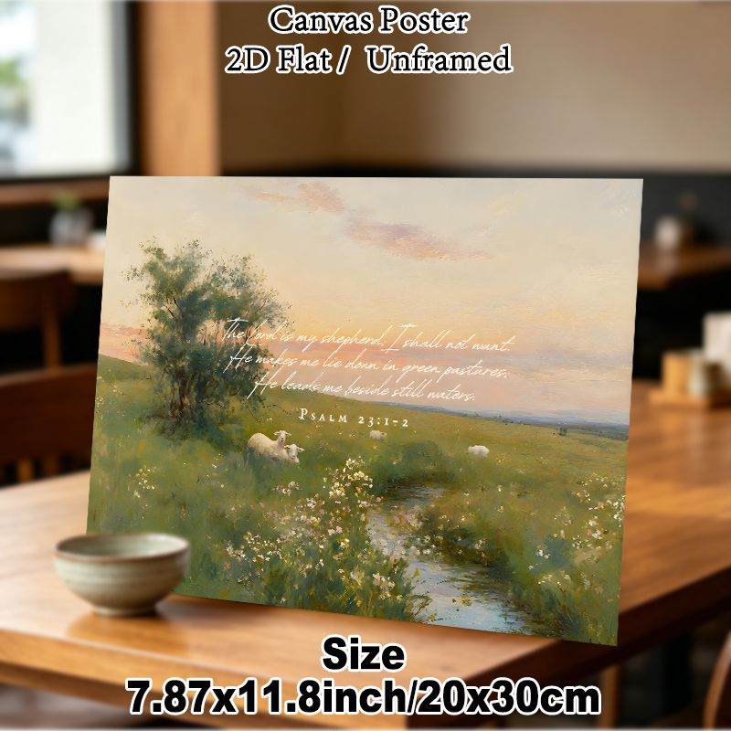 Psalm 23 Scripture Pastoral Painting Poster, Soft-toned Idyllic Landscape With Sheep, Stream And Wildflowers Poster, Serene Religious-themed Decor For_maomaolike.com