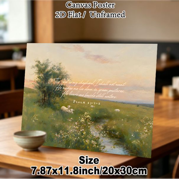 Psalm 23 Scripture Pastoral Painting Poster, Soft-toned Idyllic Landscape With Sheep, Stream And Wildflowers Poster, Serene Religious-themed Decor For_maomaolike.com