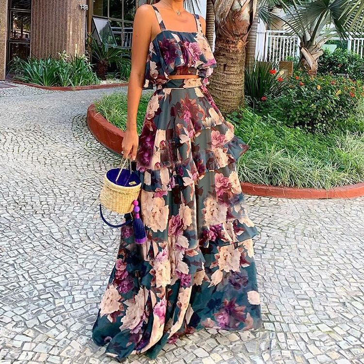 Women's Printed Two-piece Suspender Top + Cake Skirt Long Skirt Suit Women_maomaolike.com