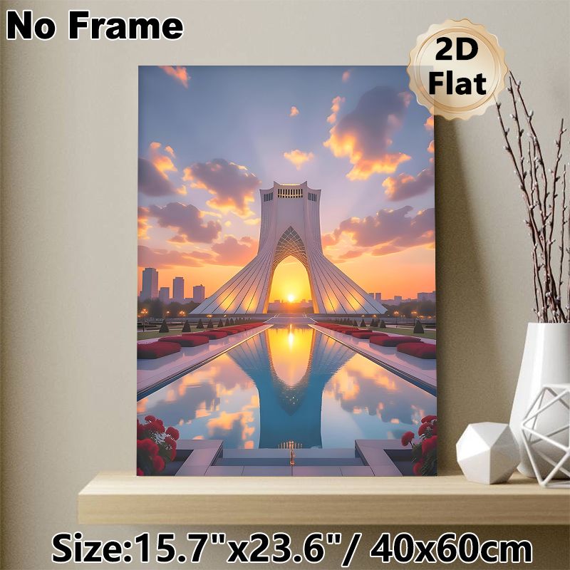 Azadi Tower Sunset Painting Poster, Warm-toned Urban Scenic Reflection Poster, Peaceful Cityscape Artwork Suitable For Living Room, Office Wall Decor_maomaolike.com
