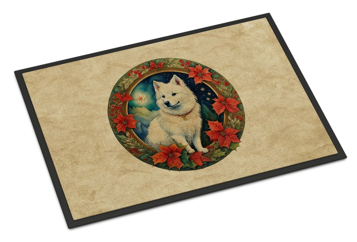 American Eskimo Christmas Flowers Doormat Front Door Mat Indoor Outdoor Rugs For Entryway, Non Slip Washable Low Pile, 24H X 36W_maomaolike.com