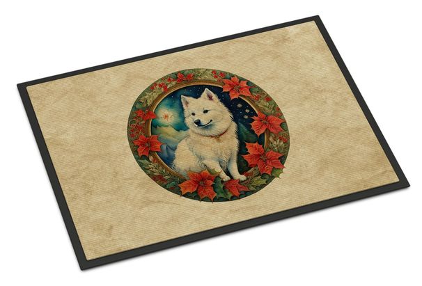 American Eskimo Christmas Flowers Doormat Front Door Mat Indoor Outdoor Rugs For Entryway, Non Slip Washable Low Pile, 24H X 36W_maomaolike.com