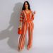 Women's Clothing sexy ladies V-neck hollow striped lapel knitted wide pants suit_maomaolike.com
