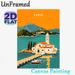 Corfu Coastal Village Painting Poster, Vibrant Retro Mediterranean Scenic Poster, Eye-catching Coastal Church & Boat Artwork Ideal For Living Room_maomaolike.com