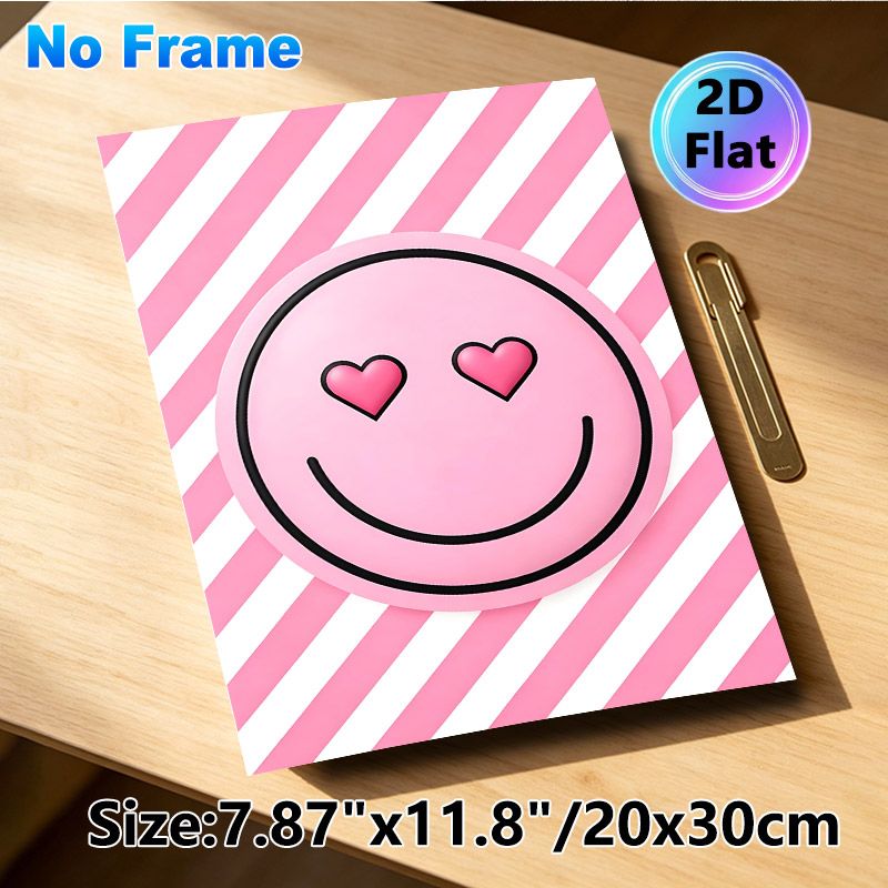 Heart-eyed Smiley Painting Poster, Pastel Pink Cute Smiley With Heart-shaped Eyes Poster, Cheerful Playful Design Adds Warm Touch For Bedroom, Living_maomaolike.com