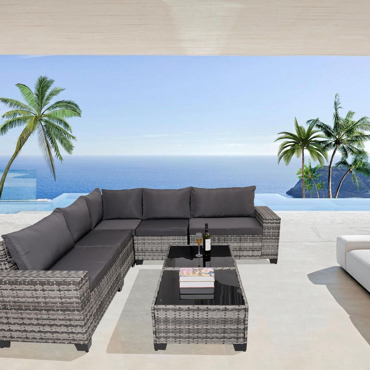 7-Piece Outdoor Patio Furniture Sets, All-Weather Wicker Rattan Sectional Sofa, Modern Two Glass Coffee Table And Washable Seat Cushion (Grey)_maomaolike.com