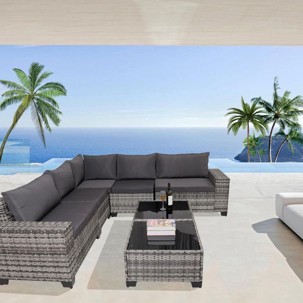 7-Piece Outdoor Patio Furniture Sets, All-Weather Wicker Rattan Sectional Sofa, Modern Two Glass Coffee Table And Washable Seat Cushion (Grey)_maomaolike.com