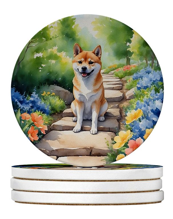 Shiba Inu Spring Path Large Sandstone Coasters Pack Of 4 Absorbent Round Coasters Decor Gifts For Men Or Women, 4 In, Multicolor_maomaolike.com
