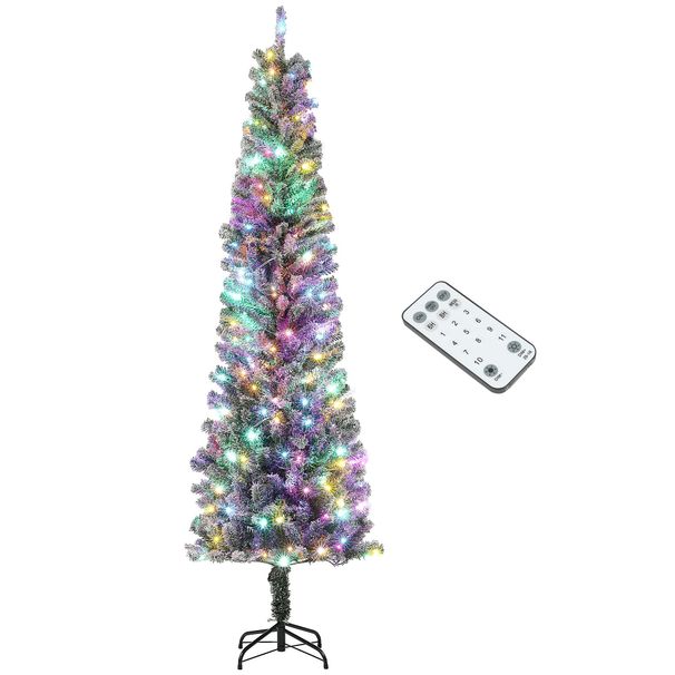 Pre-Lit Pencil Christmas Tree, Artificial Christmas Tree With Dual Color LED Lights And Branch Tips, Flocked Xmas Tree With Metal Stand For Holiday Party_maomaolike.com