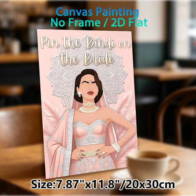 Pin The Bindi On The Bride Painting Poster, Pastel Pink Elegant Illustrated Indian Bride Poster, Interactive Party Game Decor For Bachelorette Parties_maomaolike.com