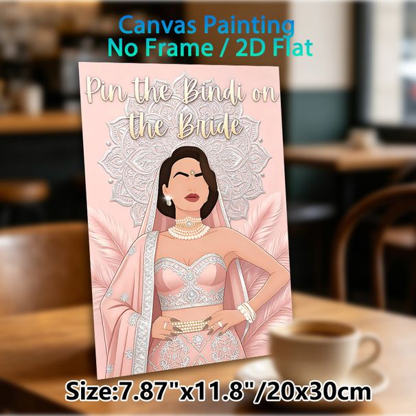 Pin The Bindi On The Bride Painting Poster, Pastel Pink Elegant Illustrated Indian Bride Poster, Interactive Party Game Decor For Bachelorette Parties_maomaolike.com