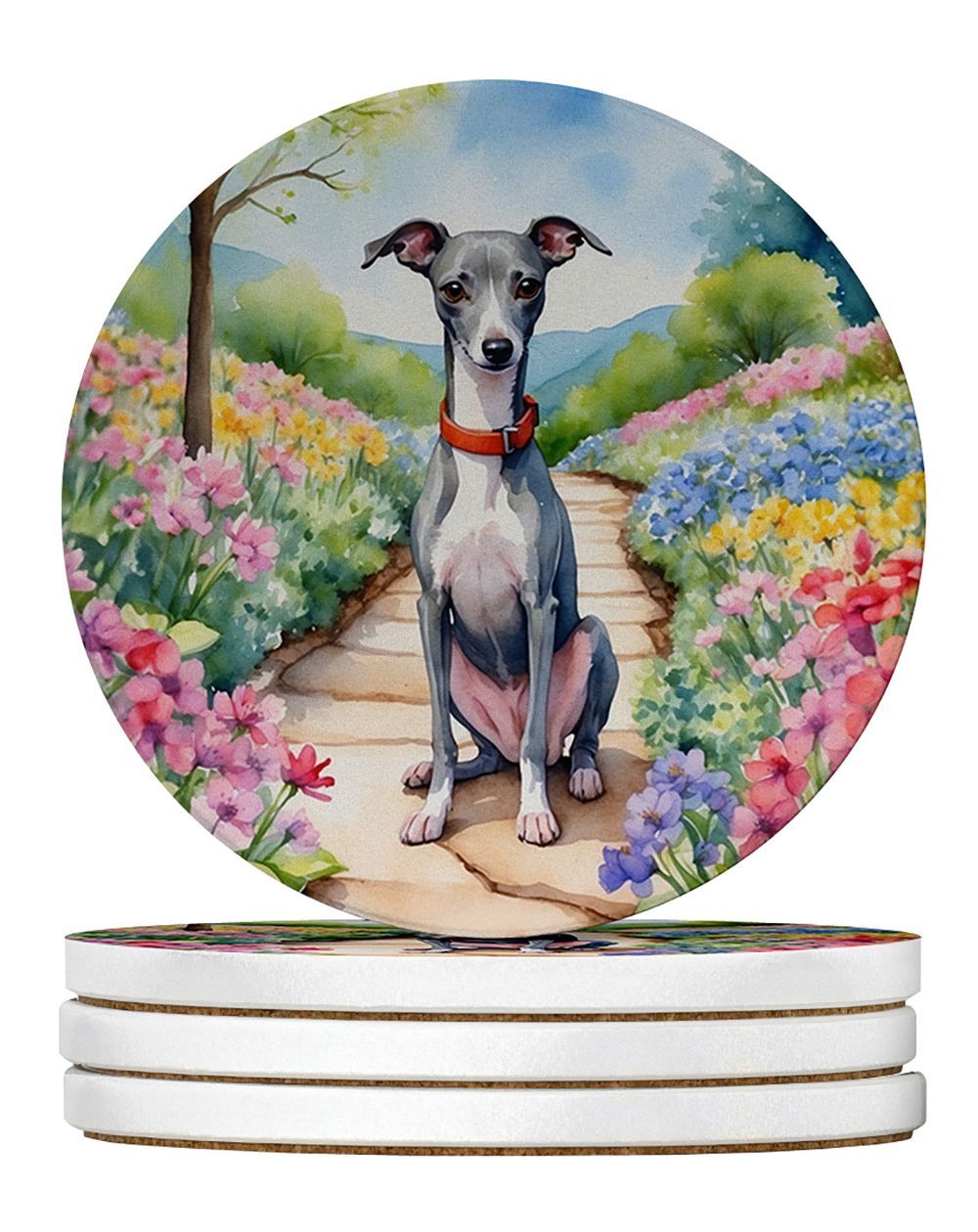 Italian Greyhound Spring Path Large Sandstone Coasters Pack Of 4 Absorbent Round Coasters Decor Gifts For Men Or Women, 4 In, Multicolor_maomaolike.com