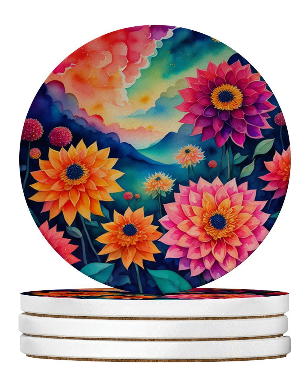 Colorful Dahlias Large Sandstone Coasters Pack Of 4 Absorbent Round Coasters Decor Gifts For Men Or Women, 4 In, Multicolor_maomaolike.com