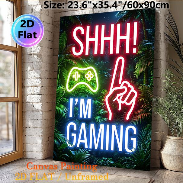 Gaming Themed Painting Poster, Neon-style Vibrant Jungle Backdrop With Game Controller & "Shhh! I'm Gaming" Text Poster, Eye-catching Decorative Piece_maomaolike.com