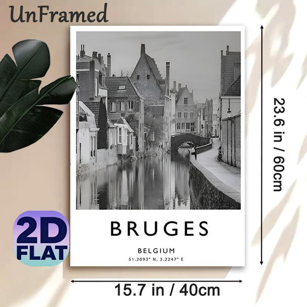 Bruges Belgium Canal Painting Poster, Monochrome Vintage European Waterscape Poster, Tranquil Riverside Town Decor Ideal For Living Room, Bedroom And_maomaolike.com