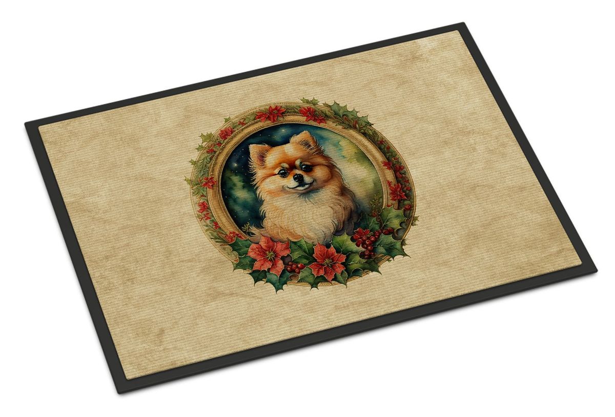 Pomeranian Christmas Flowers Doormat Front Door Mat Indoor Outdoor Rugs For Entryway, Non Slip Washable Low Pile, 24H X 36W_maomaolike.com