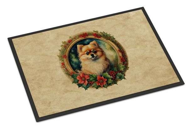 Pomeranian Christmas Flowers Doormat Front Door Mat Indoor Outdoor Rugs For Entryway, Non Slip Washable Low Pile, 24H X 36W_maomaolike.com