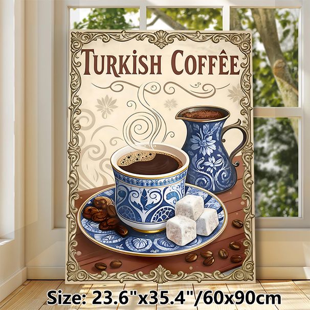 Turkish Coffee Painting Poster, Vintage Ornate Framed Poster, Showcasing Decorated Coffee Cup, Pot, Beans And Delight, Brings Warm Nostalgic Vibe_maomaolike.com