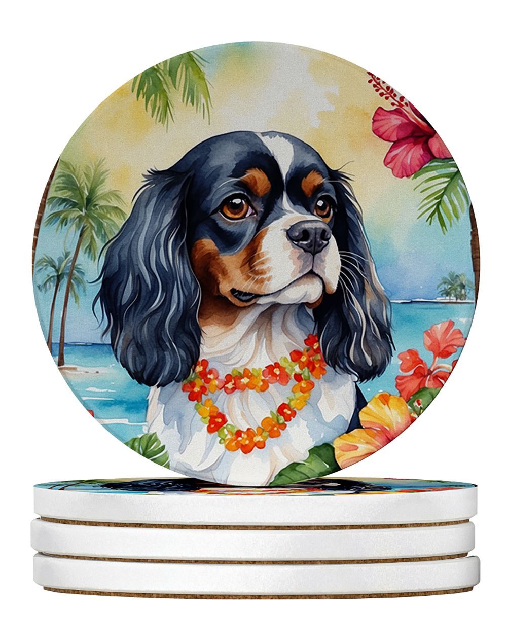 Cavalier Spaniel Luau Large Sandstone Coasters Pack Of 4 Absorbent Round Coasters Decor Gifts For Men Or Women, 4 In, Multicolor_maomaolike.com
