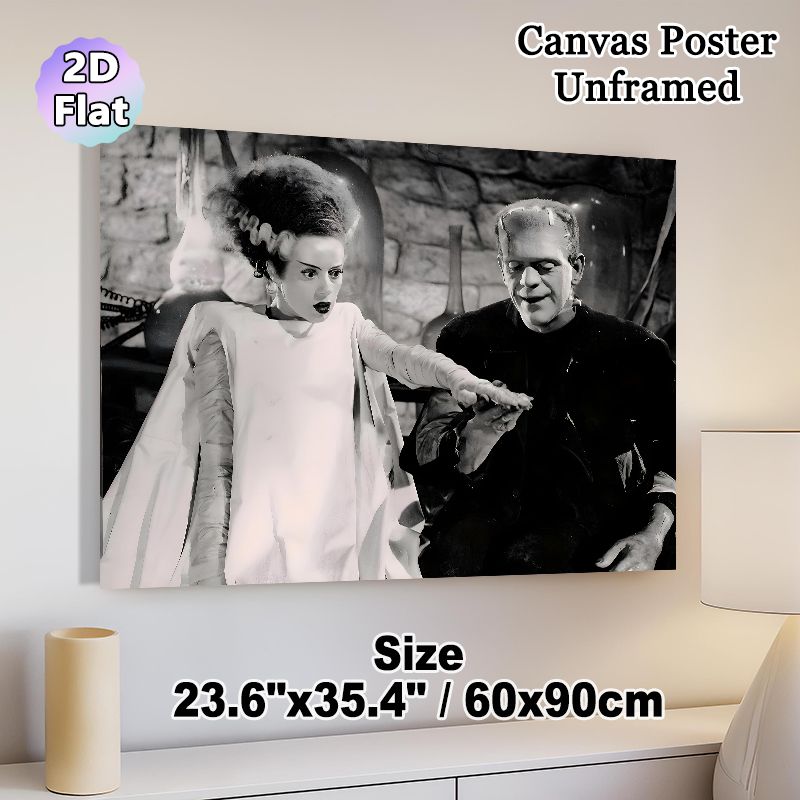 Frankenstein & Bride Of Frankenstein Painting Poster, Vintage Monochrome Classic Horror Scene Poster, Nostalgic Spooky Art Ideal For Home Wall Decor_maomaolike.com