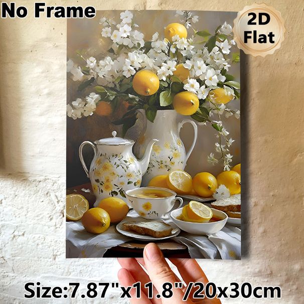 Lemon & Floral Still Life Painting Poster, Vibrant Realistic Teaware & Fresh Lemon Scene Poster, Warm Inviting Decor Ideal For Kitchen, Dining Room_maomaolike.com