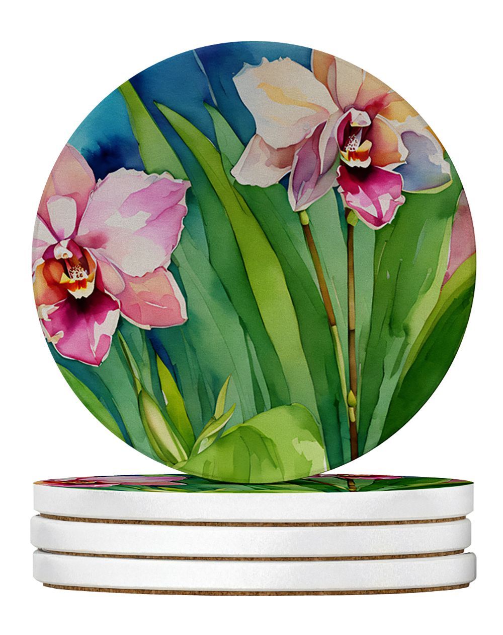Orchids In Watercolor Large Sandstone Coasters Pack Of 4 Absorbent Round Coasters Decor Gifts For Men Or Women, 4 In, Multicolor_maomaolike.com